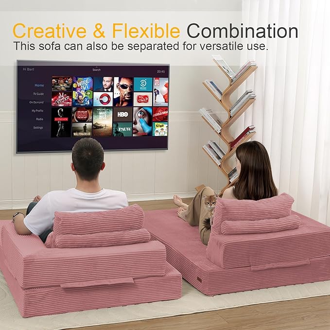 COMAX Convertible Sofa Bed, Folding Floor Couch Corduroy Fold Out Couch Bed Futon Sleeper Mattress with Pillows, Boneless Sofa Comfy Lounge Loveseat for Living Room Bedroom, Pink