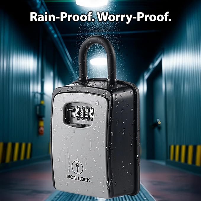 Iron Lock® Key Lock Box Portable with U-Shackle – XXL Waterproof Heavy-Duty Metal Safe with 4-Digit Combination for Spare Keys Outside on Door Knob, Fence or Gate (Grey, XXL)