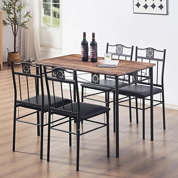 VECELO Kitchen Dining Room Table Sets for 4, 5 Piece Metal and Wood Rectangular Breakfast Nook, Dinette with Chairs, Retro Brown