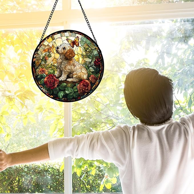 Stained Glass Window Hanging, Cute Dog and Flowers Suncatcher for Doors Home Butterfly Sun Catchers Decoration and Christmas, Mother's Day Birthday Gifts for Women, Men, and Mom 6.3 in