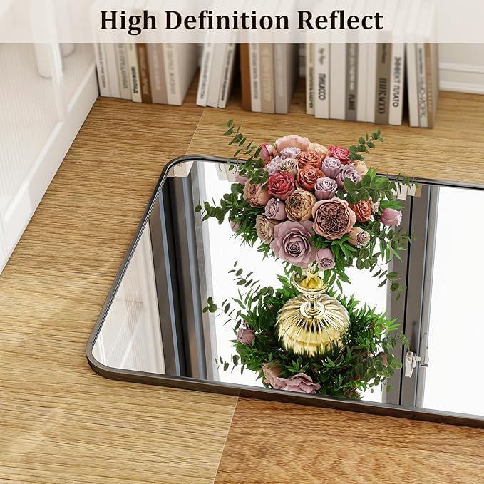 VooBang Round Corner Mirror Full Length, 16" x 59" Floor Mirror with Stand, Matte Aluminum Alloy Frame Full Body Mirror, Standing Hanging or Leaning for Bedroom and Living Room, Black