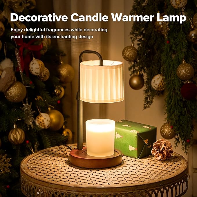 Candle Warmer Lamp with Timer, Dimmable Wax Warmer Candle Lamp for Jar Candle with 2 Bulbs, Christmas Birthday Gifts for Women Mom, Cozy Home Decor for Room, Bedroom, Kitchen-Pleated Fabric