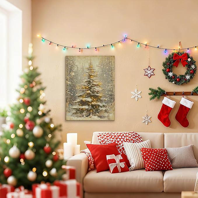 Framed Christmas Pictures Wall Decor,Vintage Pine Tree Prints,Winter Christmas Canvas Wall Art Decoration for Bedroom Bathroom Living Room Rustic Xmas Holiday Gifts (Christmas Tree 2, 16'' X 24'')