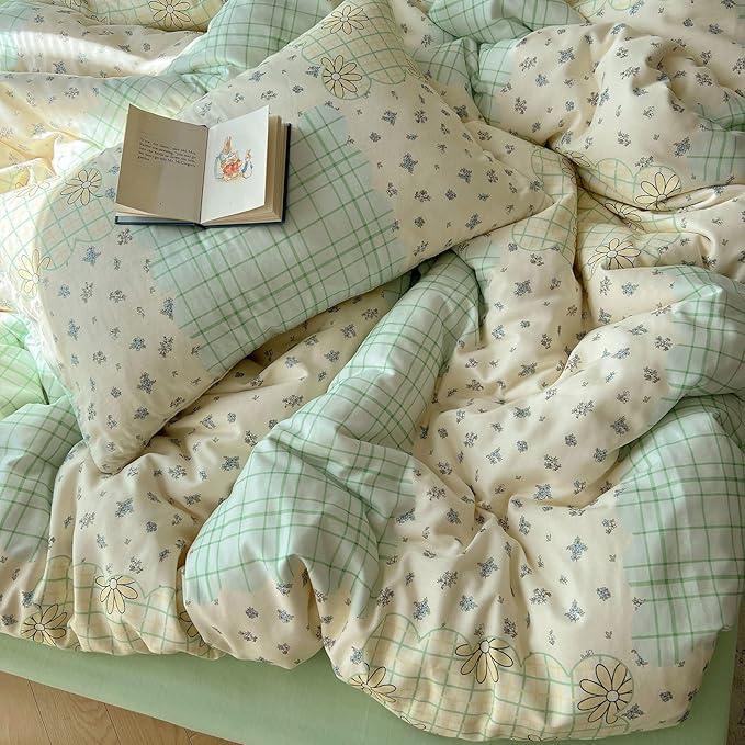 LifeTB Muslin Duvet Cover King Size 100% Cotton Botanical Floral Comforter Cover Aesthetic Flower Chic Plaid Desgin Cottagecore Bedding Set Breathable Soft Gauze Duvet Cover with 2 Pillowcases