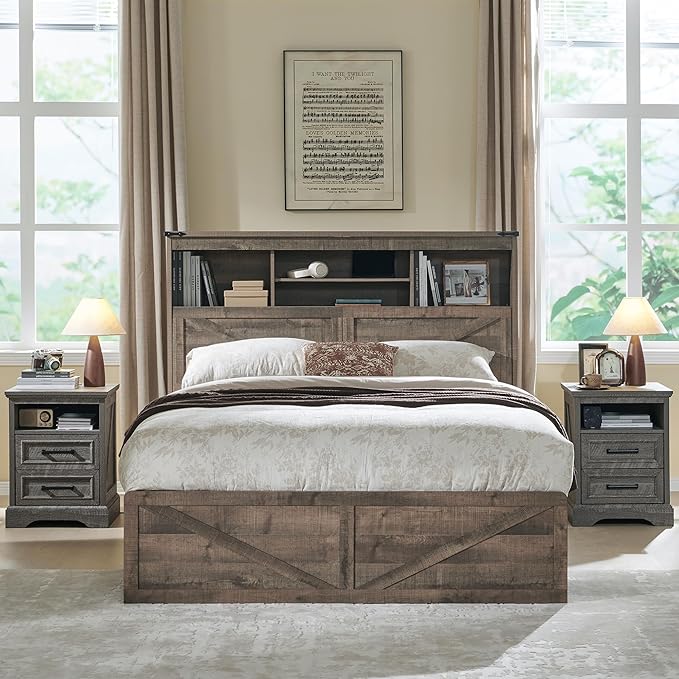 ACCOHOHO Farmhouse Queen Size Bed Frame with 52" High Storage Bookcase Headboard and 4 Drawers,Wooden Bed Frame with LED Light and Charging Station,Light Brown