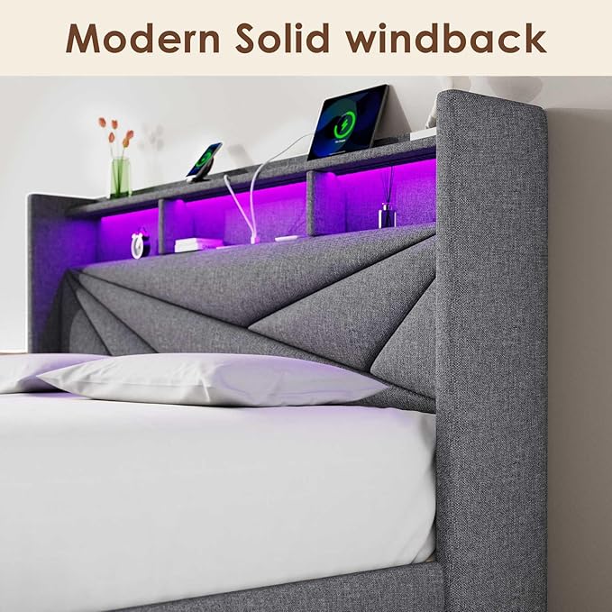 LED Full Size Bed Frame with 2 Storage Drawers, Upholstered Full Bed Frame with Headboard and Charging Station, No Box Spring Needed, Easy to Assembly-Light Grey