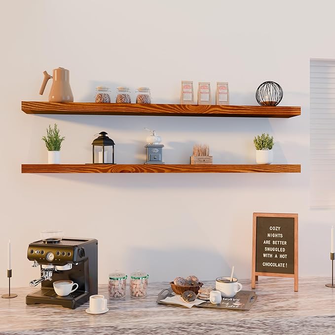 foxsky 72 Inch Solid Pine Wood Floating Shelves for Wall with Hidden Brackets, Rustic Farmhouse Wall Mounted Shelf for Bathroom, Living Room, Bedroom, Kitchen, Office Decor (Honey Oak)