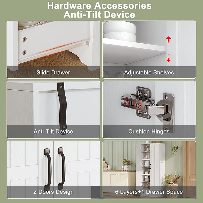 70" Tall Storage Cabinets, Large Wood Storage Pantry Cabinet with 6 Adjustable Shelves, 2 Striped Doors & Drawer, Standing Utility Cabinet for Kitchen, Bathroom, Dining Room, Antique (White)