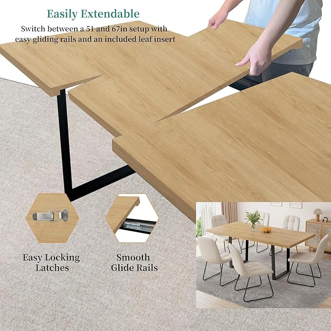 ZckyCine 51"-67" Extendable Dining Table Set for 4-6, Oak Finish Kitchen Table with 6 PU Leather Chairs, Scratch-Resistant MDF Board & Sturdy Metal Legs, Modern Dining Room Furniture