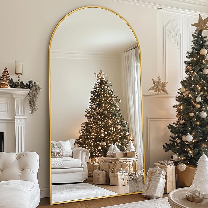 Full Length Mirror, 83"x44" Floor Mirror Freestanding, Oversized Floor Standing Full Body Mirror with Stand for Bedroom, Hanging Mounted for Living Room Cloakroom, Gold, Arched