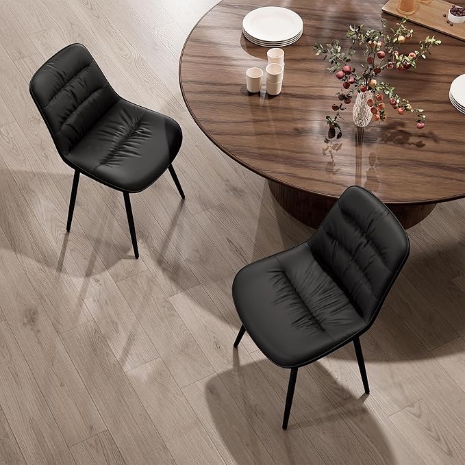 Kidol & Shellder Dining Chairs Set of 2, Modern Upholstered PU Leather Kitchen Side Chairs with Comfortable Back - Mid-Century Armless Chair for Dining Living Room Bedrooms, with Metal Legs (Black)