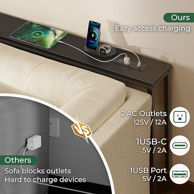 SUPERJARE 110.2 Inch Sofa Table with Power Outlets and USB-C Ports, 5.9 Inch Narrow Console Tables, Entryway Hallway Couch Tables with Storage, Behind Sofa, Small Spaces, Living Room, Black