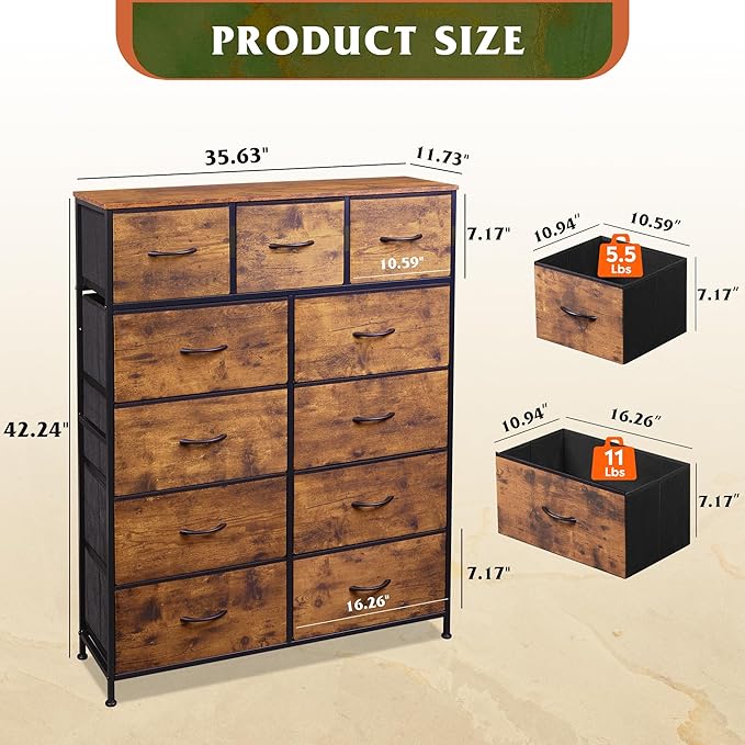 WLIVE Storage Organizer Unit with 11 Fabric Bins, Storage Drawers Organizer with Steel Frame, Tall Storage Tower Organizaton for Living Room, Hallway, Office, Rustic Brown
