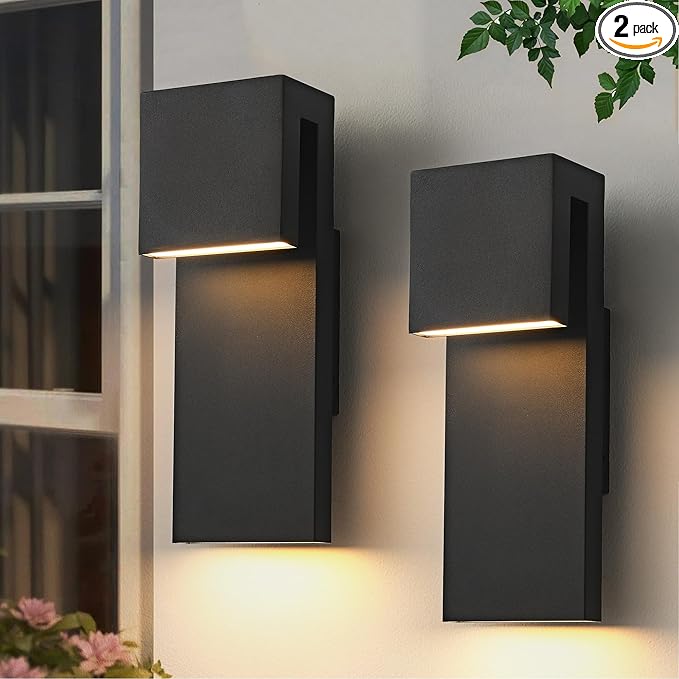 Modern LED Outdoor Wall Light 3000K 18W IP65 Waterproof Integrated LED Outdoor Wall Sconce Anti Rust Black Porch Lights Exterior Lighting Outside Lights Fixture for Garage,Balcony,Backyard 2PACK
