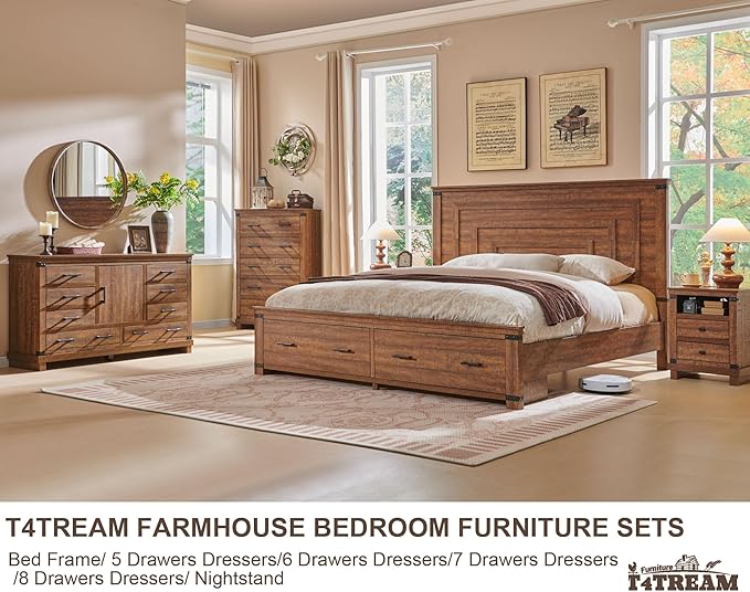 T4TREAM Farmhouse King Size Bed Frame with 54" Tall Geometric Headboard & 2 Large Storage Drawers, Rustic Wood Platform Bed with Wood Slats Support, No Box Spring Needed, Reclaimed Barnwood