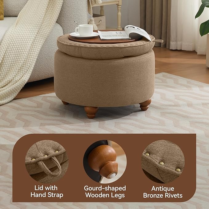 24Inch Round Storage Ottoman with Tray, Modern Tufted Fabric Circle Coffee Table with Storage, Upholstered Ottoman with Removable Top for Living Room, Bedroom, Brown