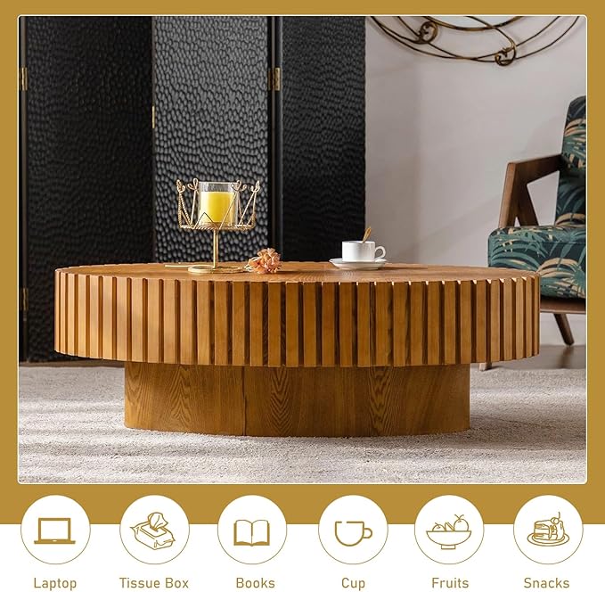 Oval Drum Coffee Table 43.3" Wooden Coffee Tables Handcrafted Fluted Drum Coffee Table Mid Century Modern Luxury Center Table Vintage Farmhouse Center Table for Living Room (Oval Wood)