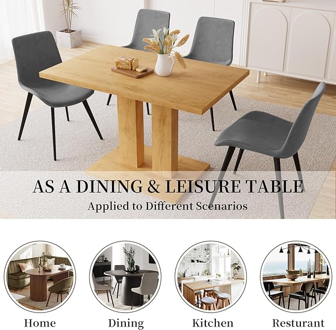 Dining Table Set for 4-6 People, 46 Inch Modern MDF Oak Kitchen Table with 4 Faux Leather Chairs, Rectangular Dining Room Table Set for Home, Small Spaces, Breakfast Nook (Oak Table + 4 Grey Chairs)