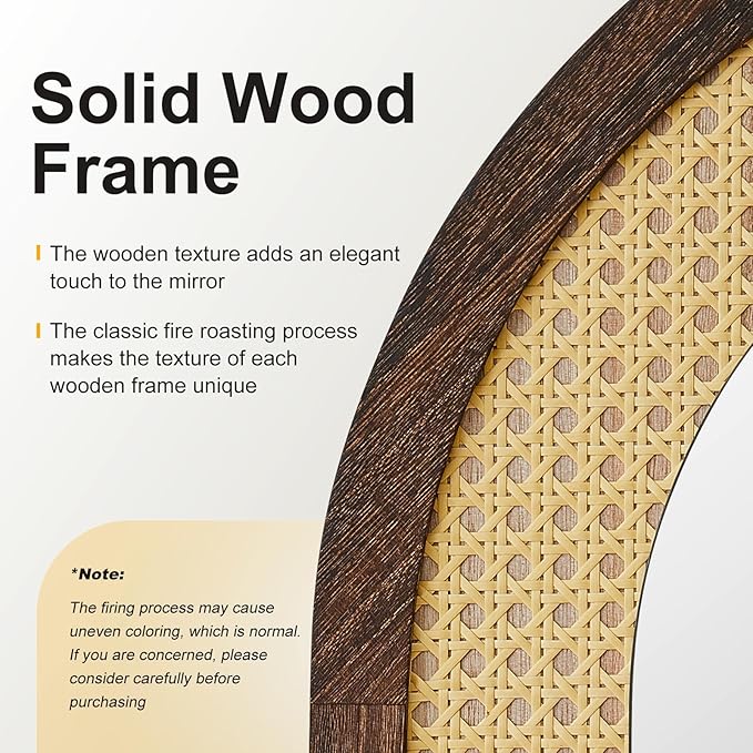 Arched Full Length Mirror with Solid Wood Frame & Rattan Panel, 64"x21" Rustic Wall Mounted Floor Mirror - Free Standing, Leaning Against Wall, Wall-Mounted for Bedroom Living Room (Brown)