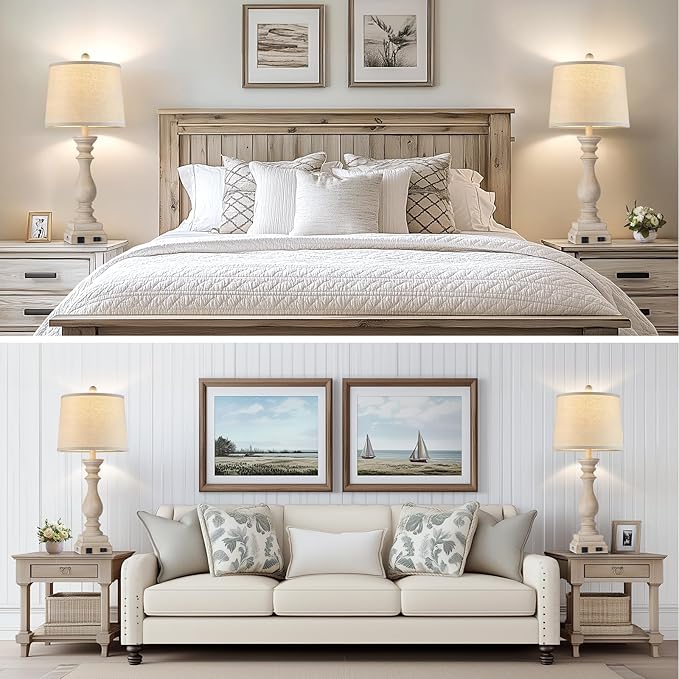 28" Farmhouse Table Lamps Set of 2 with USB C+A Ports and AC Outlet, 3 Way Touch Tall Vintage Bedside Lamp for Living Room, Beige Rustic Nightstand Lamp for Bedroom Office