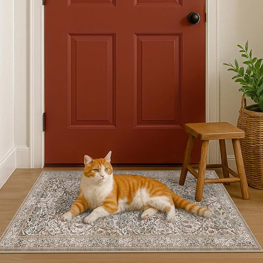 Moss Green Washable 2x4 Entry Rug - Front Door Rugs Indoor, Vintage Floral Style Small Rug for Kitchen, Bathroom, Non-Slip Boho Vintage Dark Taupe Entryway Décor