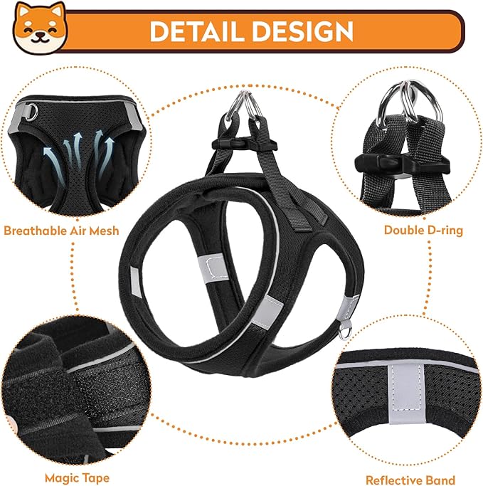 Dog Harness with Leash Set, No-Pull Step-in Reflective Pet Harness with 1 Leash Clips, Adjustable Soft Padded Easy Walk Dog Vest for Small Medium Large Dogs, Cats(Carbon Black, XXXSmall)
