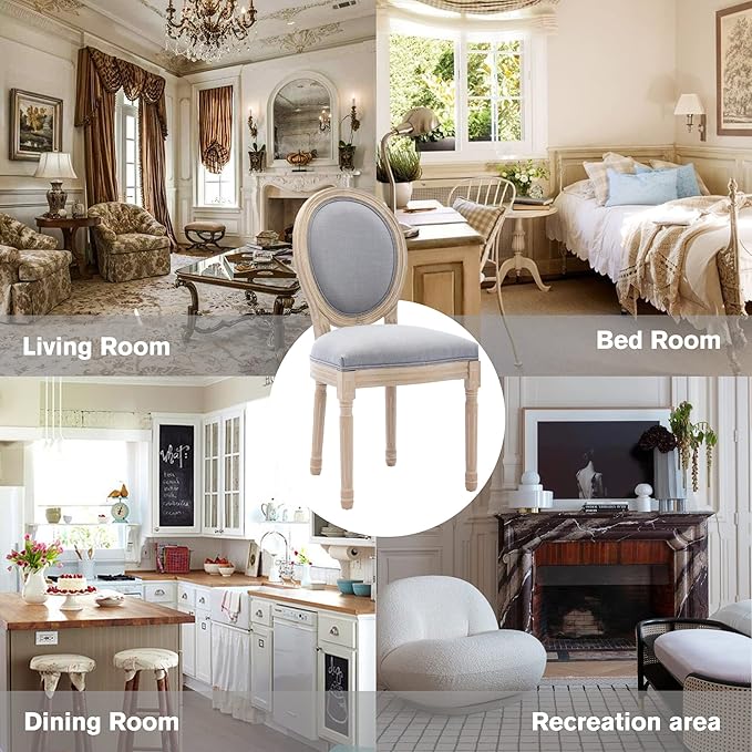 Nrizc French Country Dining Chairs Set of 2, Farmhouse Dining Chairs, Vintage Dining Chair with Round Back, Mid Century Dining Chair, Wood Grey Fabric Chair, for Kitchen, Bedroom, Restaurant