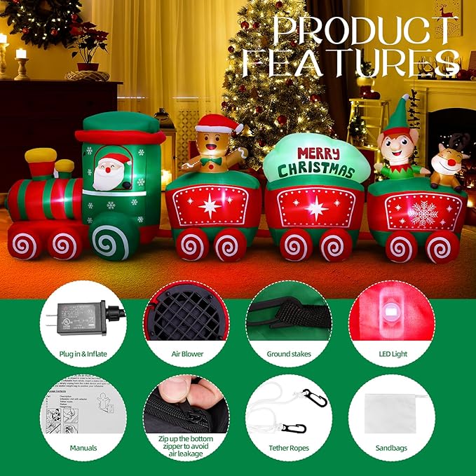12FT Christmas Inflatables Train Decoration with Santa, Gingerbread Man, Reindeer, Lighted Blow Up Xmas Yard Decor with LED Lights, Holiday Outdoor Lawn Decorations for Garden, Party, Home