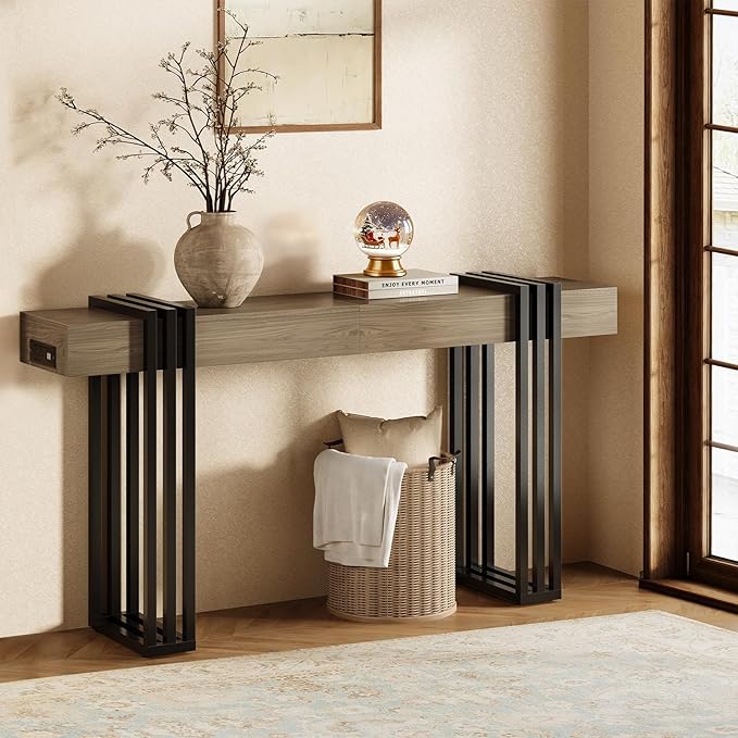 63" Long Console Table for Entryway - Behind Couch Table for Living Room, Wood Sofa Tables with Black Parallel Metal Frame & Power Outlet for Hallway, Entrance, Narrow Foyer, Light Walnut