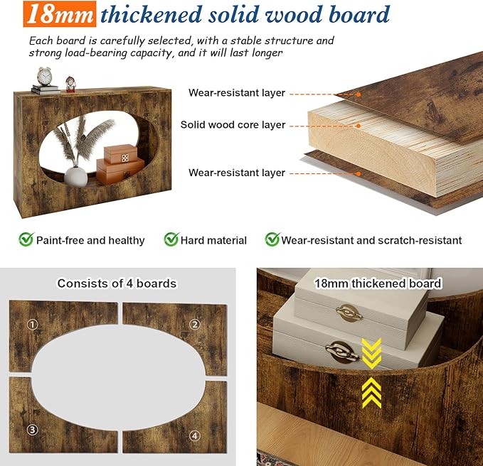 Solid Wood Console Table, Farmhouse Entryway Table with Open Storage, Long Sofa Table Behind Couch, for Living Room, Hallway, Foyer, Entrance, Easy Assembly, Rustic Brown