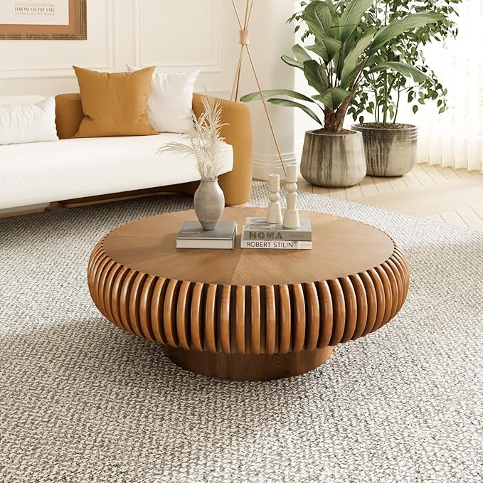 Round Drum Coffee Table for Living Room, Mid Century Modern Coffee Table with Sturdy Pedestal, Farmhouse Fluted Circle Center Table Accent Tea Table for Apartment (31.5" Brown)