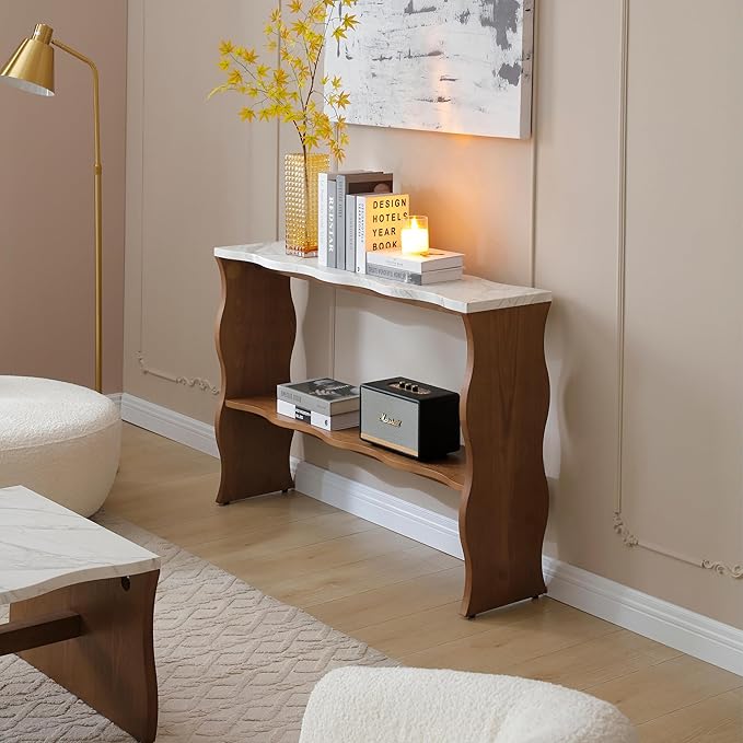 47-Inch Long Console Table, Marble Wooden Rectangular Sofa Table Behind The Couch, with Storage Shelf, Farmhouse Entryway Table for Entrance, Hallway, Living Room (Marble+Walnut)