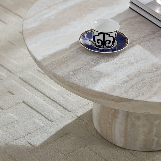 31.5" Round Coffee Table for Living Room,Cave's Stone Surface Fiberglass,Beige