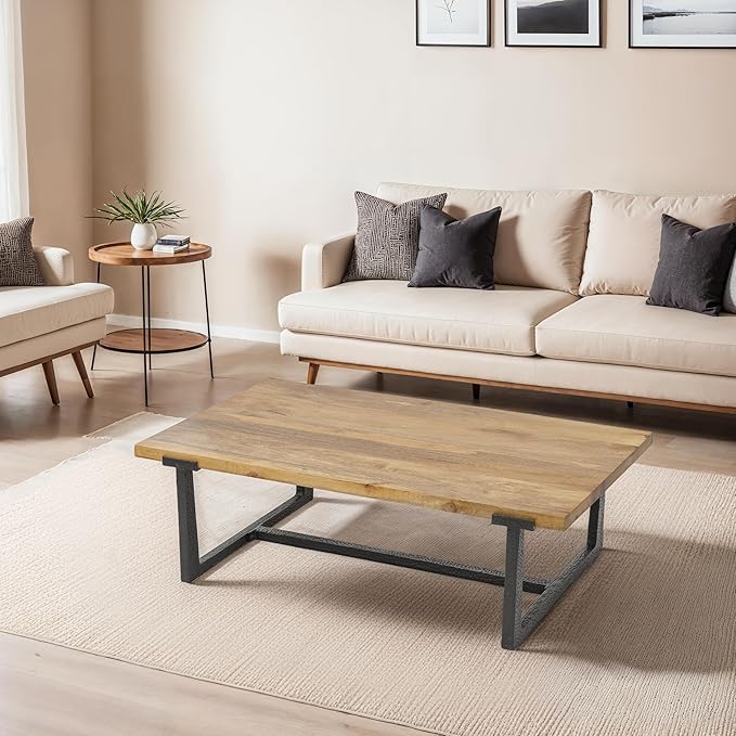 The Urban Port Marlon 48" Coffee Table | Handmade Aluminum Cast Frame | Natural Solid Mango Wood Top, Black and Brown