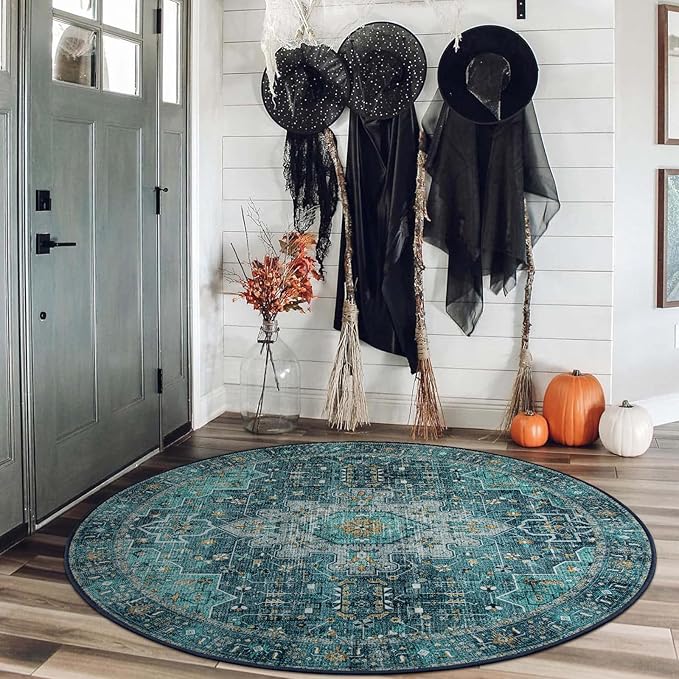 Moynesa Ultra-Thin Washable Round Rug - 4ft Oriental Circle Area Rugs for Bedroom Entryway, Teal Vintage Non Slip Non Shedding Low Pile Carpet for Living Room Coffee Table Kitchen