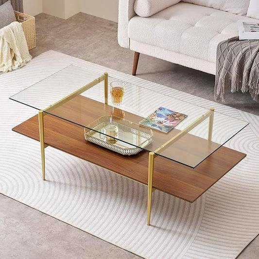 Extra Large Rectangle Glass Coffee Table, Mid-Century Modern Design, for Living Room, L47 x W24 x H17 Inch, Clear Glass Top and Walnut MDF Shelf, Sleek Conical Metal Legs with Gold Finish