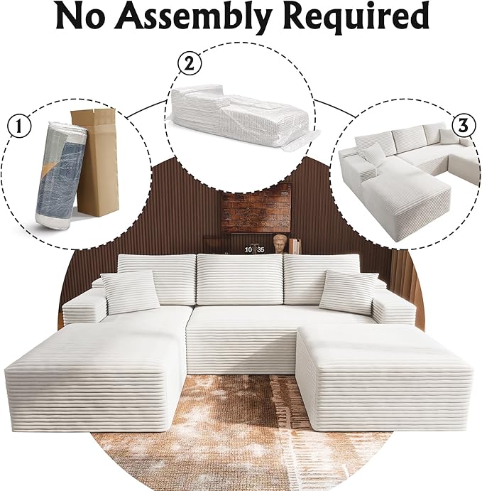 3-Piece Boneless Modular Sectional Sofa, Cloud Couch, Left Facing Chaise with Ottoman, Oversized Deep Seat, Soft Corduroy Fabric, Sectional Couch for Living Room-White