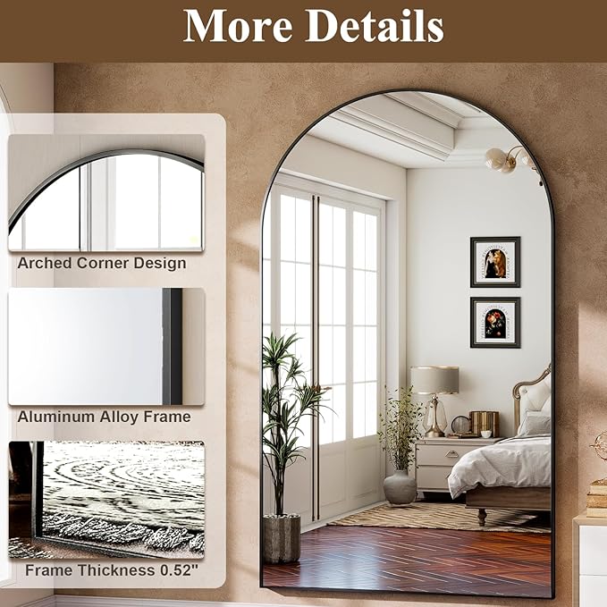 GLSLAND 72"x44" Arched Full Length Mirror – Oversized Full Body Floor Mirror with Aluminum Alloy Frame, Stand & Wall-Mounted Option for Bedroom & Living Room, Black