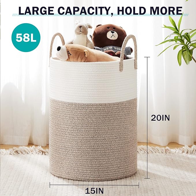 YOUDENOVA Woven Rope Laundry Hamper Basket, 58L Tall Laundry Basket, Baby Nursery Hamper for Blanket Storage in Bedroom-Large-Brown