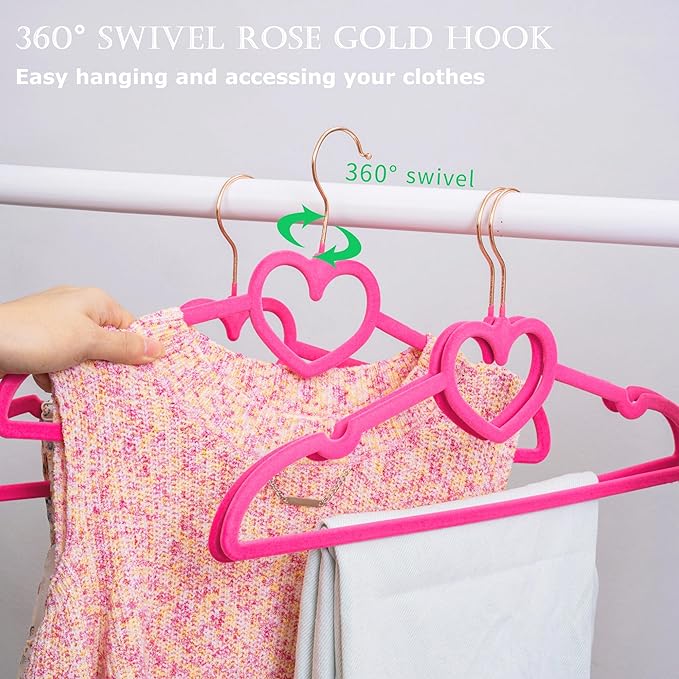 Velvet Hangers 20 Pack, 360° Swivel Rose Gold Hooks, 16" Non Slip Felt Hanger, Space Saving Clothes Hanger, Durable & Cute Flocked Heart Hanger for Adult (Hot Pink)