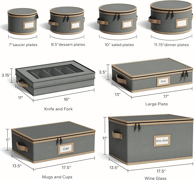 Hard Shell China Storage Containers – 8 Piece Set for Storing Dinner Plates, Salad Plates, Mugs, Quilted Dividers for Safe Moving and Seasonal Storage, Grey