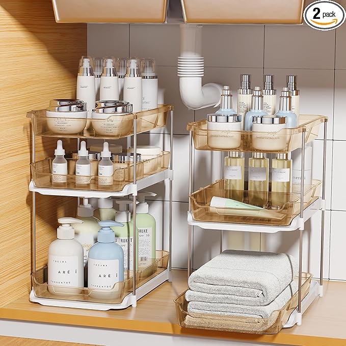 Delamu 2 Pack 3-Tier Bathroom Under Sink Organizers and Storage, Multi-Purpose Stackable Pantry Organization and Storage, Pull Out Clear Kitchen Bathroom Cabinet Organizer with Movable Dividers, Amber