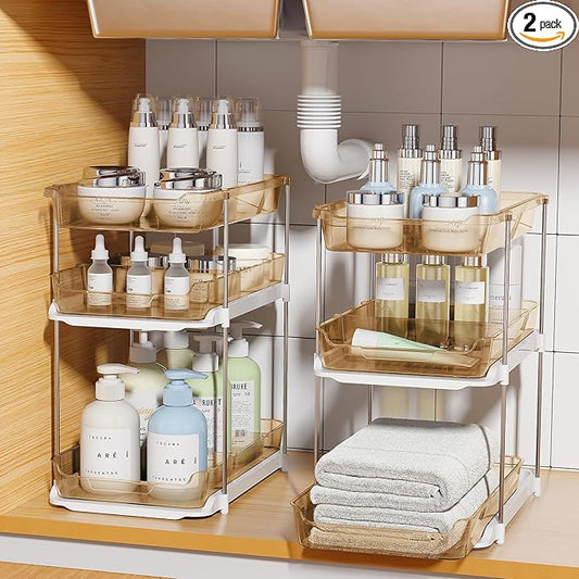 Delamu 2 Pack 3-Tier Bathroom Under Sink Organizers and Storage, Multi-Purpose Stackable Pantry Organization and Storage, Pull Out Clear Kitchen Bathroom Cabinet Organizer with Movable Dividers, Amber