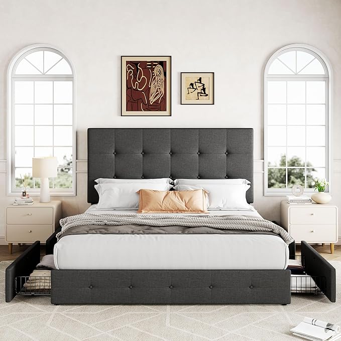 Allewie Upholstered Full Size Platform Bed Frame with 4 Storage Drawers and Headboard, Square Stitched Button Tufted, Mattress Foundation with Wooden Slats Support, No Box Spring Needed, Dark Grey
