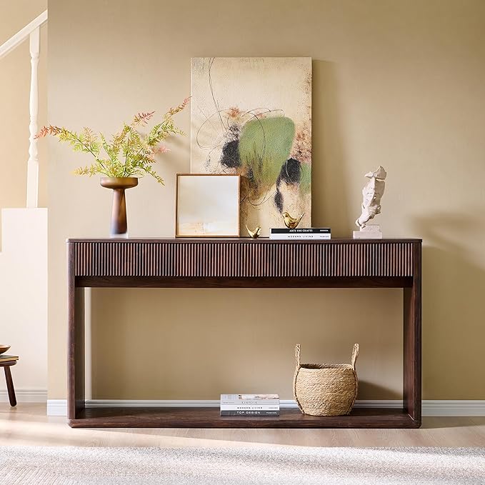 OKD 63" Fluted Console Table for Entryway, Modern Entryway Table with 2 Large Drawers, Long Sofa Table Behind Couch for Living Room, Hallway, Couch, Foyer，Dark Walnut