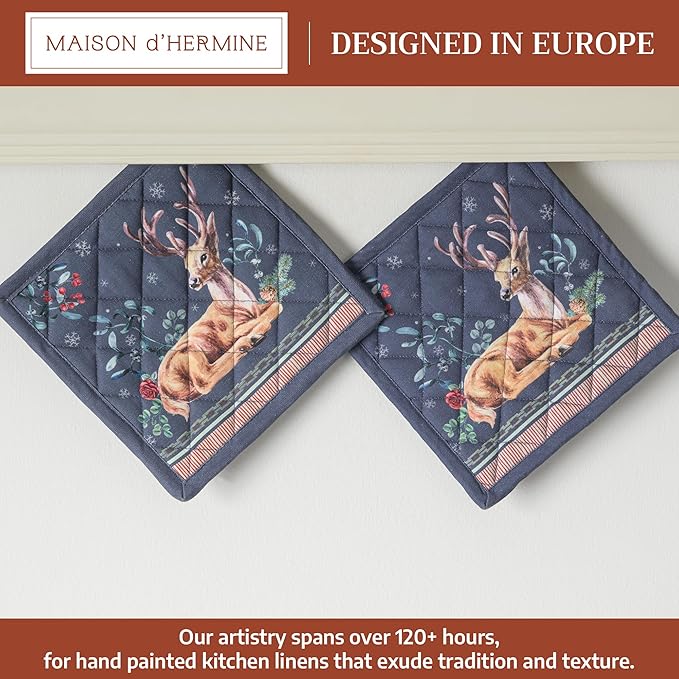 Maison d' Hermine Pot Holders Set 100% Cotton Heat Resistant Potholders 8" x 8" Hot Pads with Loop for Thanksgiving Christmas Decorations BBQ Baking Handling Hot Pans (Pack of 2, Christmas Joy)