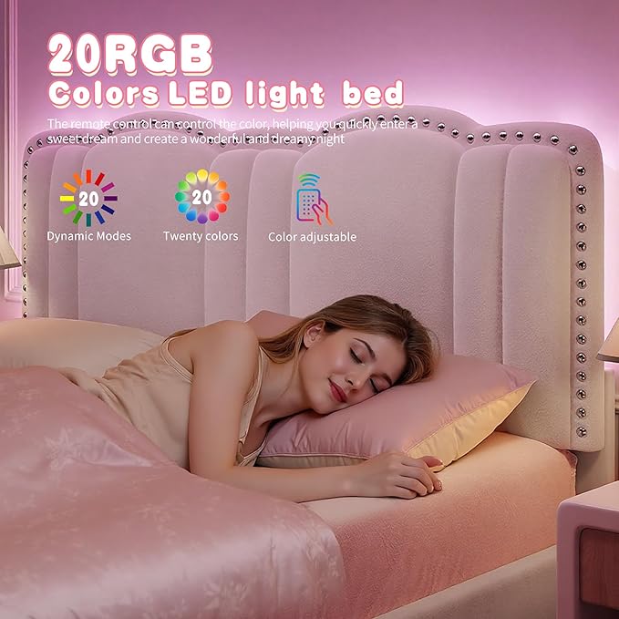 EnHomee Queen Bed Frame with LED, Velvet Upholstered Cloud Headboard and Drawers, Bed Frame Queen Size with Height Adjustable Headboard, Solid Wooden Slats, No Box Spring Needed, Easy Assembly, Cream