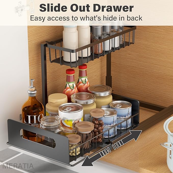 Under Sink Organizer, 2 Tier Pull Out Cabinet Organizer,Slide out Metal Cabinet Organizers Multi-Purpose Drawer Shelf for Kitchen Bathroom Pantry Cabinet Closet Organization Rack,Black