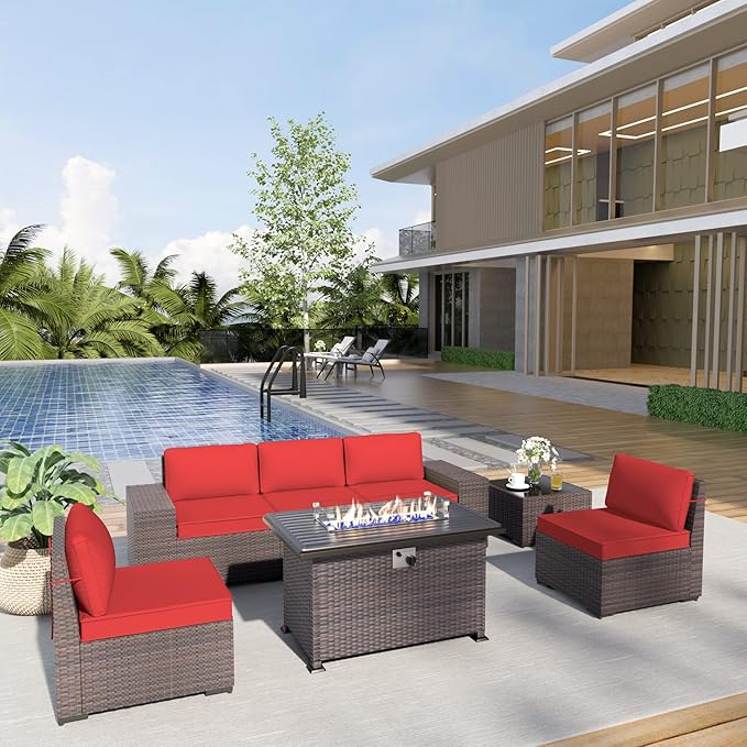Kurapika 7 Pieces Patio Furniture Set, Rattan Wicker Outdoor Conversation Sets w/43in Propane Fire Pit Table and 4 Inch Cushion(Red)