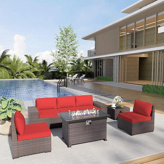 Kurapika 7 Pieces Patio Furniture Set, Rattan Outdoor Conversation Sets w/43in Propane Fire Pit Table and 4 Inch Cushion(Red)